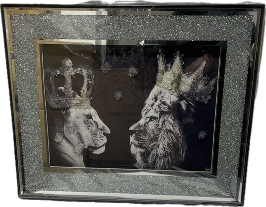 King & Queen Lion Picture In Liquid Art Crushed Diamond-Wall Frame