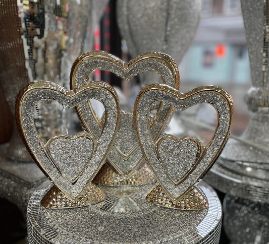 Set Of Three Hearts In Gold Decorated With Crushed Sparkles Ornament