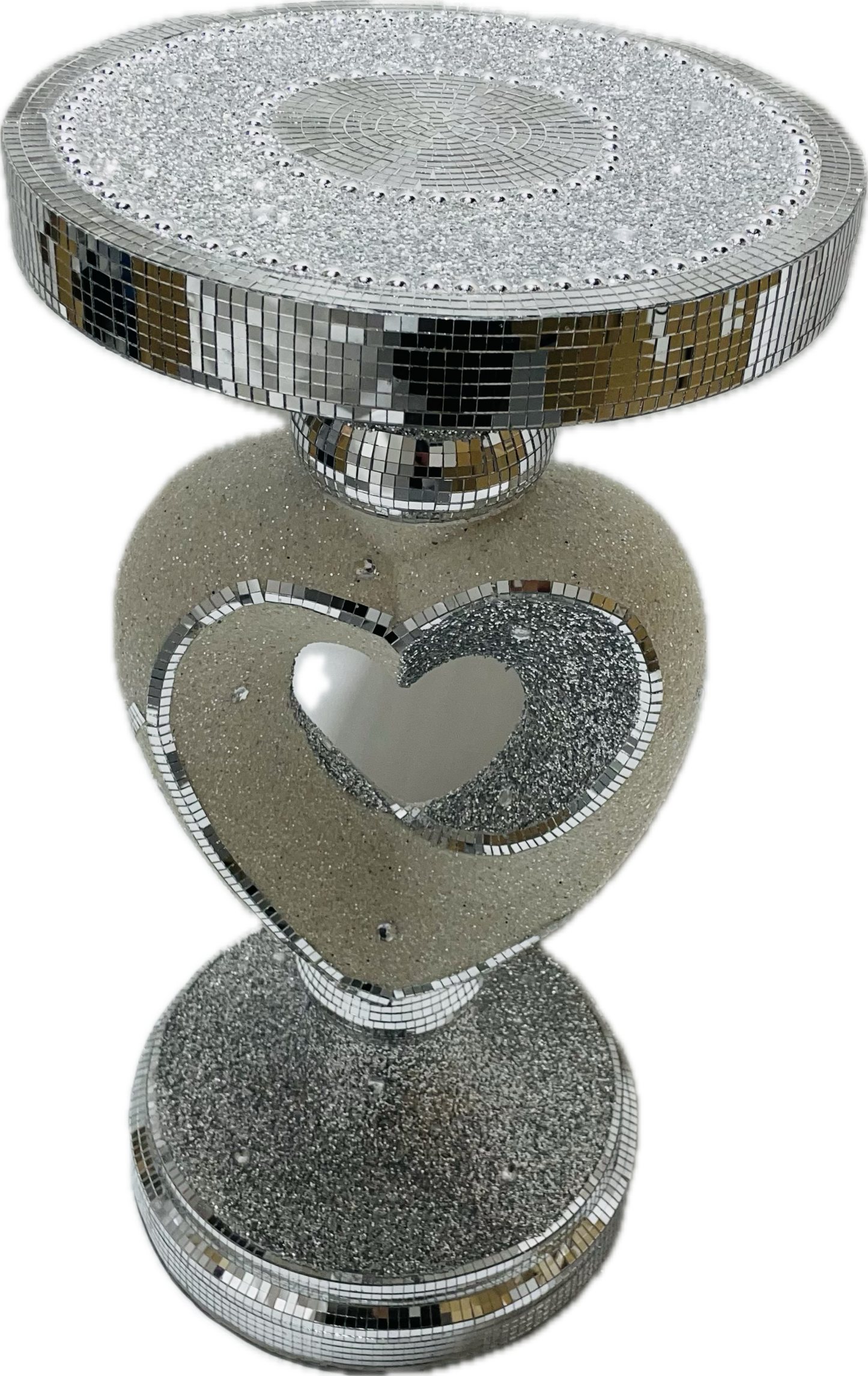 Crushed Sparkle 60cm Tall Side Table In White & Silver Heart Design