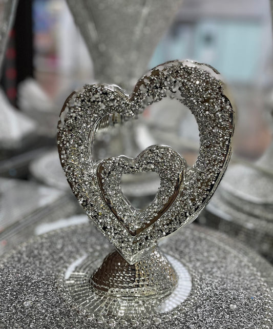 Silver Double Heart With Crushed Diamonds Ornament