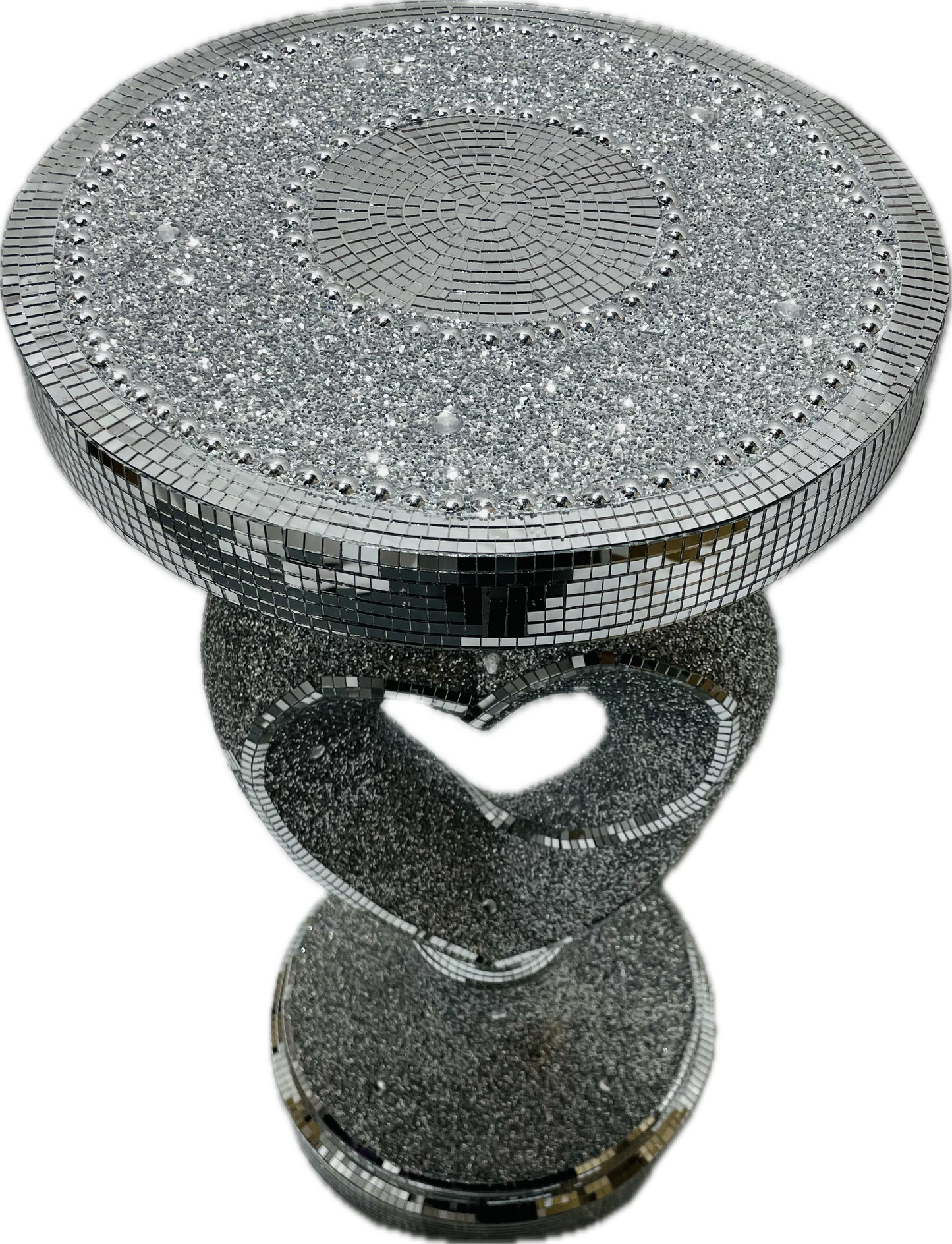 Crushed Sparkle 60cm Tall Side table In Silver Heart Design