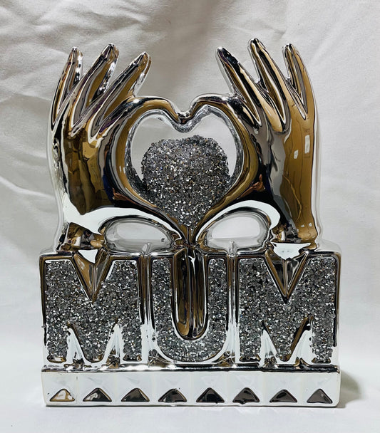 Mum Heart Hand Silver Crushed Diamond Ornament