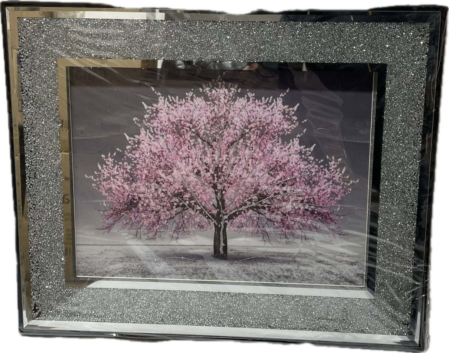 Crushed Diamond Pink Blossom Tree Picture Crystal Liquid Art-Wall Frame