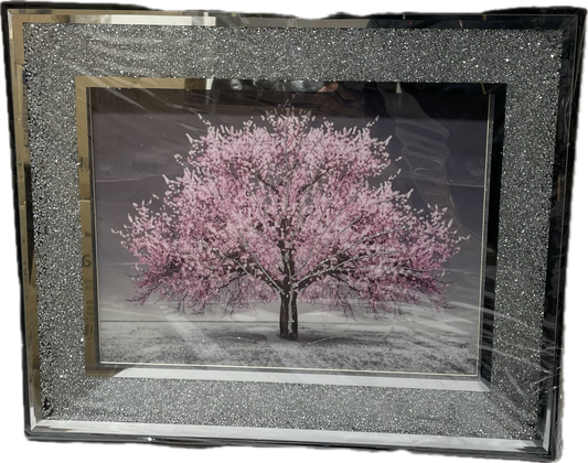 Crushed Diamond Pink Blossom Tree Picture Crystal Liquid Art-Wall Frame