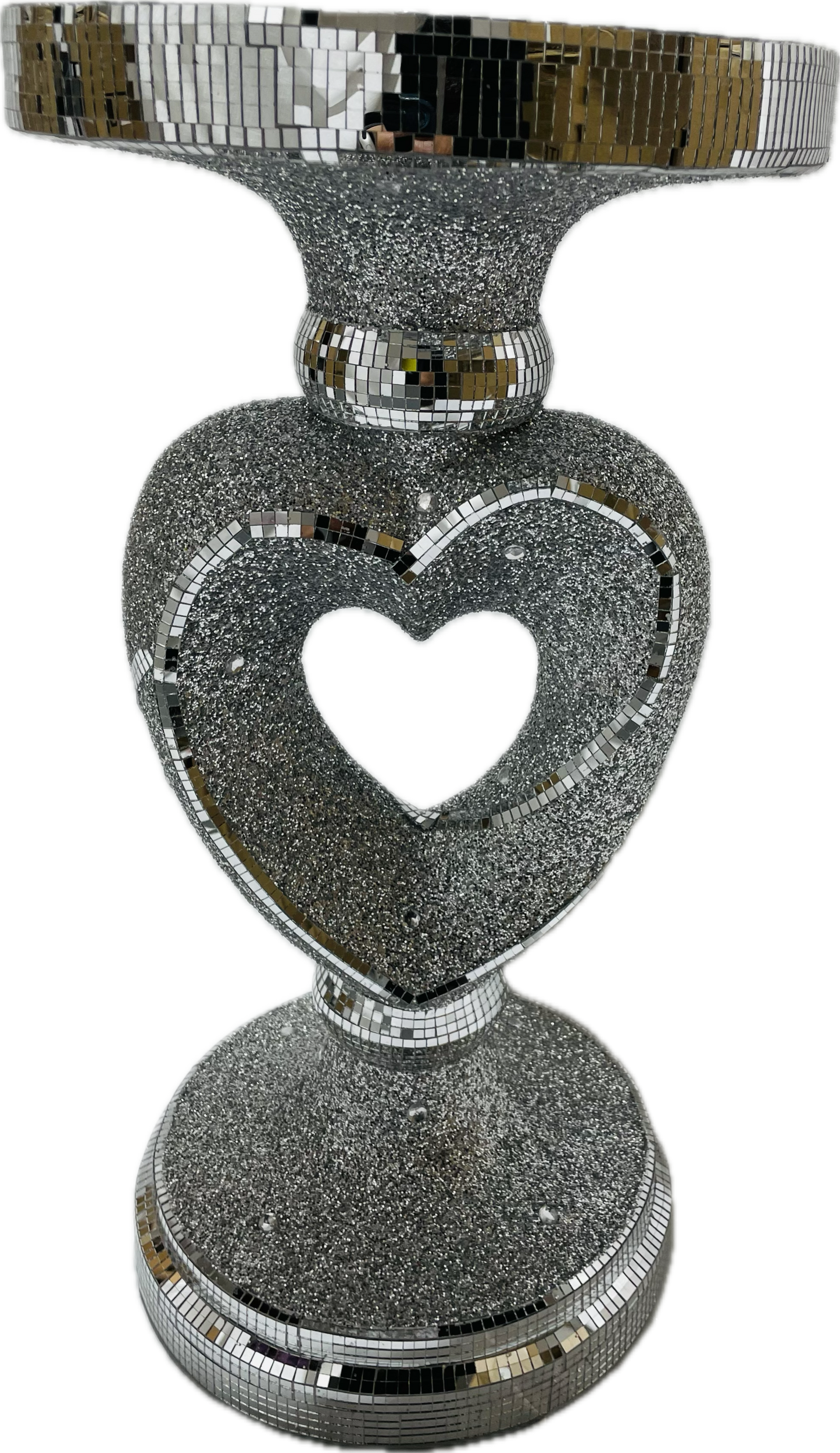 Crushed Sparkle 60cm Tall Side table In Silver Heart Design