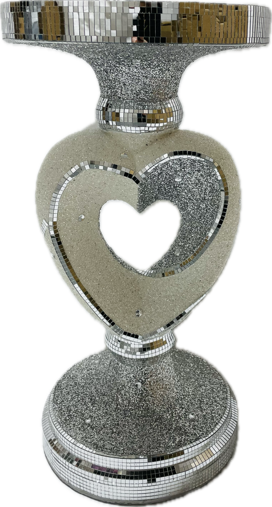 Crushed Sparkle 60cm Tall Side Table In White & Silver Heart Design