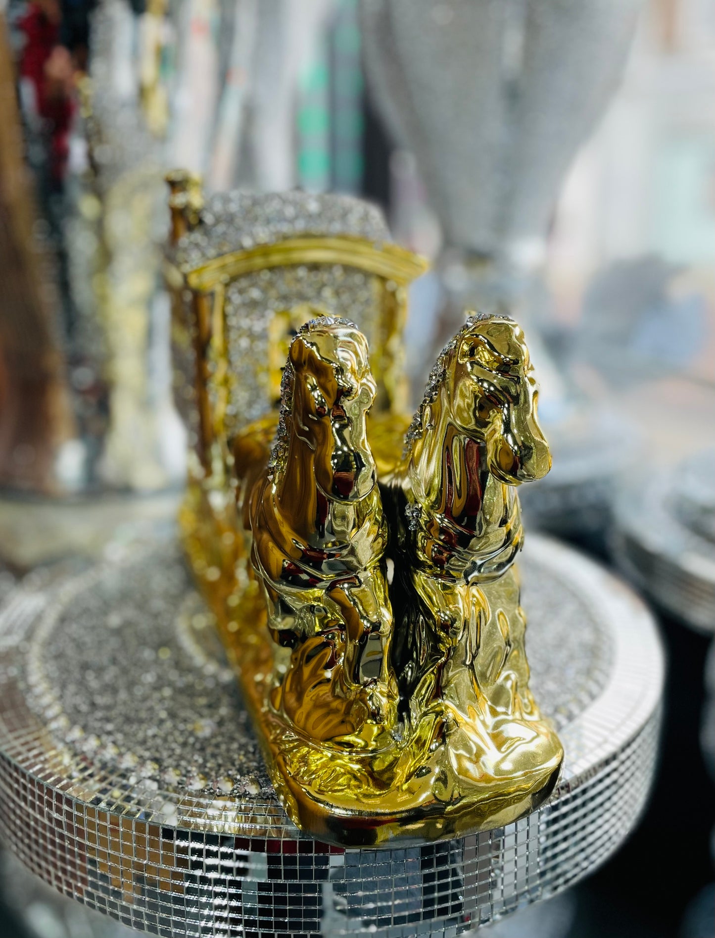 Gold Crushed Diamond Carriage With Two Horses