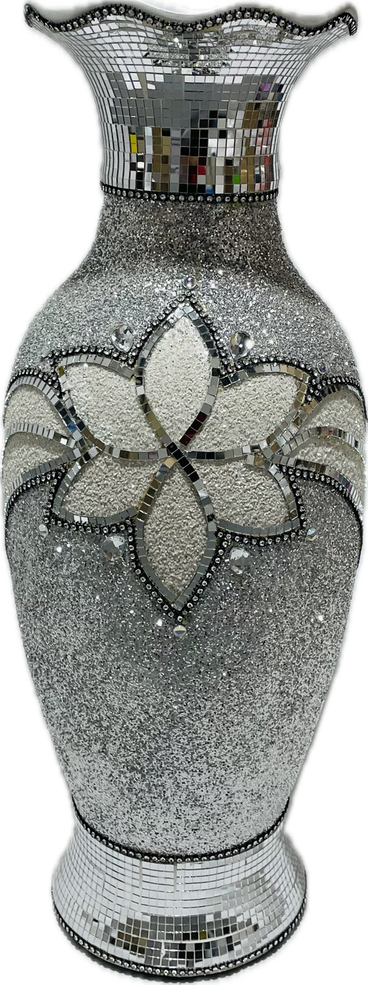 60cm Sparkle Flower Vase Silver With White Flowers