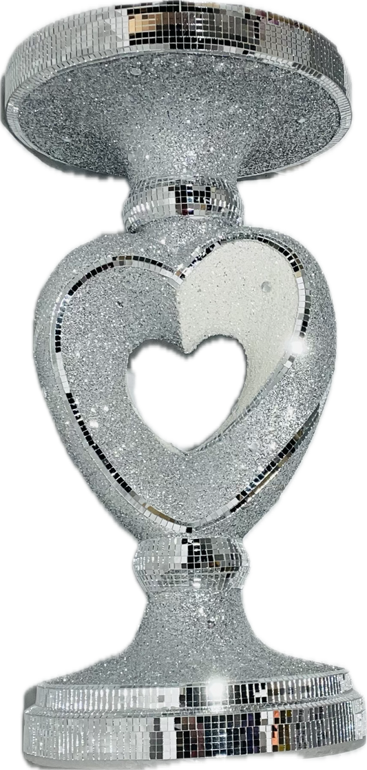 Crushed Sparkle 60cm Tall Side Table In White & Silver Heart design #1