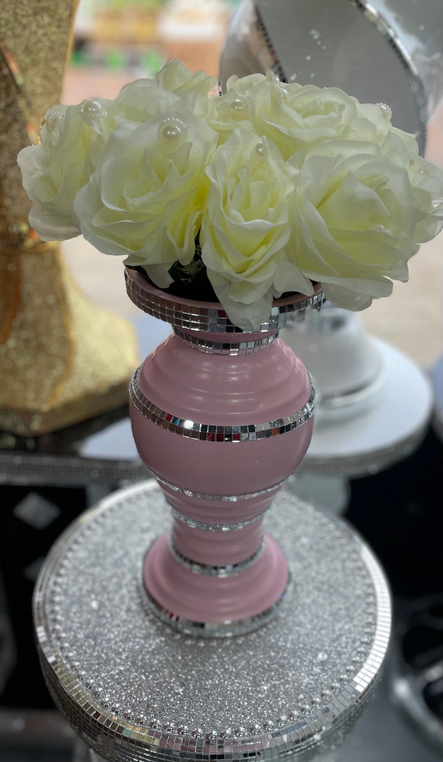 Ceramic Vase In Pink Decorated With Mirror 30cm