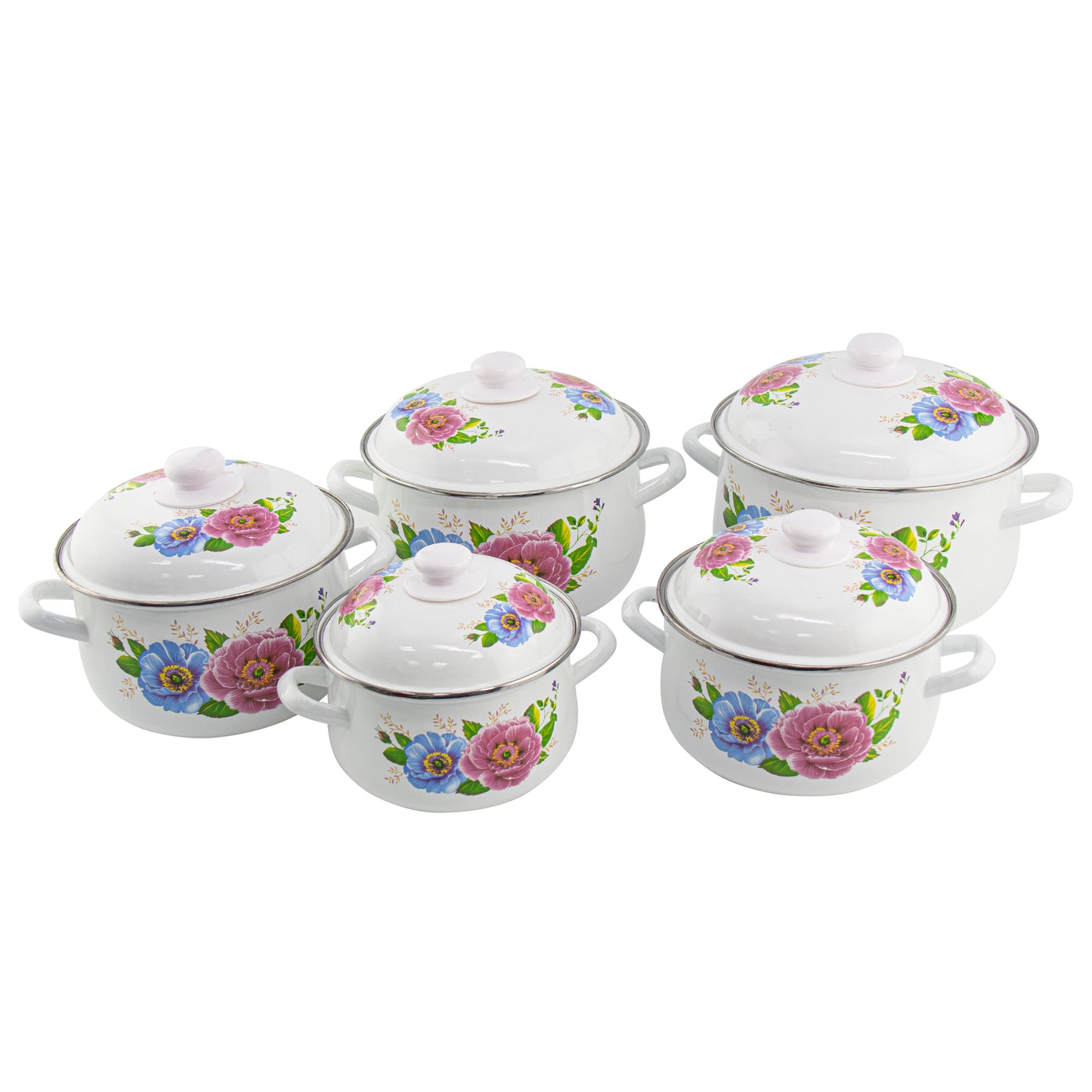 Bouquet 5 Piece Enamel Casserole Set In Blue & Pink