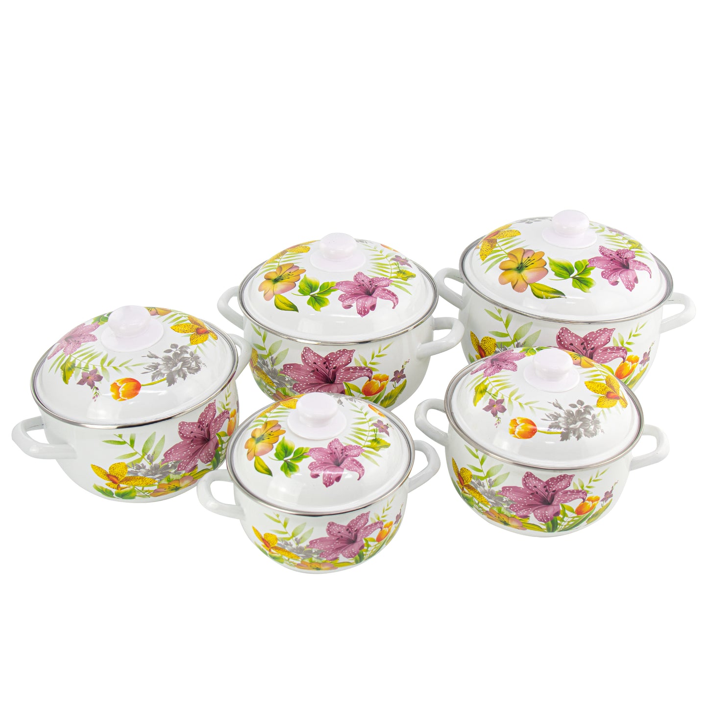 Bouquet 5 Piece Enamel Casserole Set In Yellow & Pink