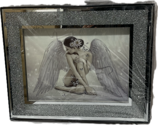 Crushed Diamond Angel Sitting Picture Crystal Liquid Art-Wall Frame