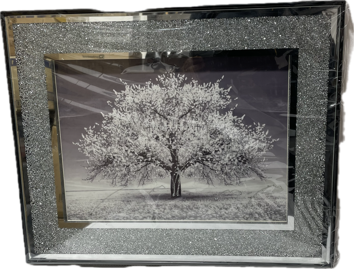 Crushed Diamond Silver Blossom Tree Picture Crystal Liquid Art-Wall Frame