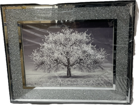 Crushed Diamond Silver Blossom Tree Picture Crystal Liquid Art-Wall Frame